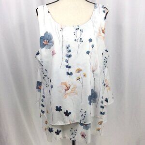 Womens Floral Layered Tank Top Womens Plus Size 2XL White Blue Satin Scoop Neck